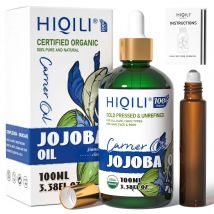 HIQILI Pure Jojoba Carrier Oil,100ML Cold Pressed Unrefined Essential Oils for Mixing, Hair Care, Face, Nails, Massage