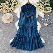 Chic vintage turn-down collar ruffle dress Elegant Fairy korean fashion sundress autumn women clothing