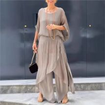 Elegante Mode Chiffon Zwei-Stück Set frauen Lose Bequeme Crew-neck Top Split Unregelmäßige Breite bein Hosen frühling Sommer Anzüge