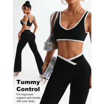 Farbblockierendes Sportset mit breitem Schultergurt, stoßfestes, einteiliges Yoga-Fitness-Sportset für Damen mit Bauchkontrolle