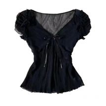 New Fashion Slim Casual Short Sleeve T-shirt Women French Solid Elegant Mesh Thin Tops Harajuku Soliid Ruched Sweet Clothing Ins