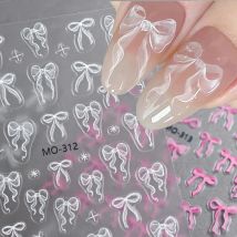 Adesivi per unghie Bowknot Nastro bianco in rilievo 3D Carino dolce rosa Decorazione autoadesiva per unghie Decalcomanie per punte per unghie Manicure