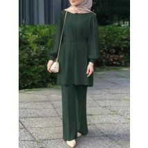 Arabische Frauen Eid Muslimischen Zwei Stücke Set Spitze-up Bluse & Hose Musulman Ensemble Gürtel Passenden Sets Taste Hemd femme Abaya Ramadan