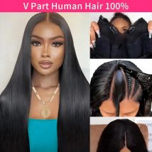 V Part Wigs Human Hair 100% Straight Human Hair Wigs No Leave Out No Sew-In Glueless 220 Density Natural Black Beginner Friendly