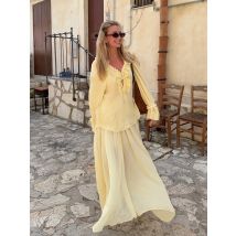 HH Women New Fashion Yellow Long Sleeves Lace Loose Shirt+Zipper Pleated Pull Rope Decoration Casual Long Skirt Suit Mujer
