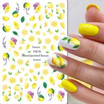 Decalcomanie per nail art 3D Frutta estiva Limoni gialli Fiori viola Cursori adesivi Adesivi per unghie Decorazione per manicure per unghie