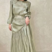 Elegante Frauen Oansatz Plissee A-line Kleid Temperament Langarm Solide Lange Kleider Weibliche Abend Prom Kleider