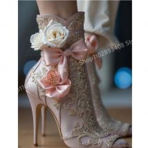Rosa Schmetterlingsknoten-Blumendekor, mittelhohe Stiefel, spitzer Stiletto-Absatz, elegante Mode-Damenschuhe, 2025, Zapatos Para Mujere