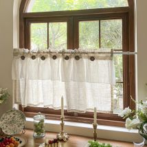 Countryside Doppelschichtige, plissierte kleine Vorhänge für die Küche, mit Knopf-Design, halber Vorhang im Café-Stil, erschwingliche Leinenvorhänge