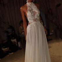 Customized Modern White Chiffon A-Line Lace Wedding Dress For Women Simple Halter Neck Pleat Sequined Sexy Backless Brildal Gown