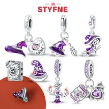 Silber 925 lila fliegender Hexenhut und Zauberbuch-Charms, Perlen, passend für Original-Armbänder, DIY-Halloween-Charm für Frauen, Schmuck, Geschenke