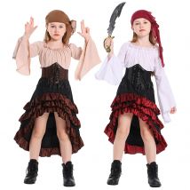 Mädchen Pirat Cosplay Kostüm Kinder Renaissance Mittelalter Piraten Outfit Hemd Rock Schal Gürtel Set Halloween Vintage Party