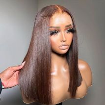 Parrucche Bob in Capelli Umani Marrone Cioccolato, Parrucca Frontale in Pizzo 13x4 per Donne, Nodi Leggermente Decolorati, Densità 180%, Capelli Umani Corti
