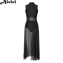 Modernes lyrisches Tanz-Performance-Kleid für Damen, ärmellos, Strass, geteilt, durchsichtig, Maxikleider, Ballett, Gymnastik, Trikot, Tanzbekleidung