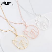 SMJEL Nette Tier Katze auf Mond Anhänger Halsketten für Frauen Collares aushöhlen Tier Halskette Halskette Schmuck Colier Femme 2025