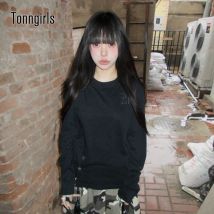 Tonngirls American Retro Print Graphic Tops Long Sleeve Button Y2k Vintage Grunge Tops Japanese 2000s E-girls Tee Tops Autumn