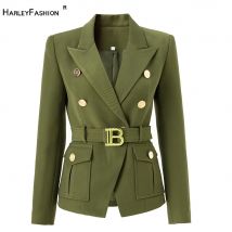 Primavera autunno lavoro formale Lady Army Green tasche giacche con cintura in metallo Super Shape Look elegante Blazer da donna