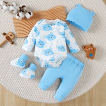 Neugeborenes Baby-Set, kleiner Bär, langärmeliger Overall + lange Hose + Mütze + Socken, 4 Teile/satz, 0–9 Monate Baby-Frühlings- und Herbst-Set