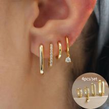 4PCS Luxus vergoldet U-Form Creolen Set für Frauen geometrische Anhänger Huggie Punk Unisex Rock Ohrring Piercing Schmuck