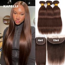 Straight Weaving Human Hair Extensions Brown Bundles With 13x4 Lace Frontal Brazilian Human Weaves Hair Closure 4x4 HD Lace