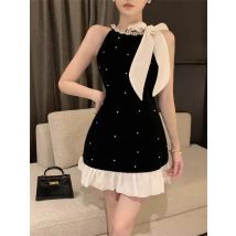 Sommer Bogen Süße Party Kleid Frauen Pailletten Elegante Strap Mini Kleider Weiblichen Koreanischen Mode Patchwork Einteiliges Kleid 2024 Neue