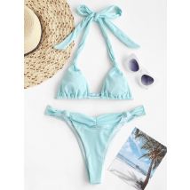 Zaful Halfter gerippte Knoten hoch geschnittene Tanga Bikini Bade bekleidung