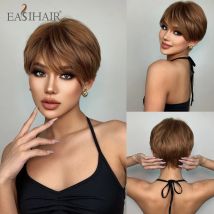 Synthetische braune goldene kurze gerade Perücken mit Pixie-Schnitt-Bang, geschichtete Bob-Haarperücke für Frauen, tägliche Cosplay-Party, hitzebeständig