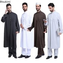 Muslimische arabische Männer Jubba Thobe Button Robe + Hose 2 Stück Kleidung Anzug Abaya Saudi-Arabien Eid Türkei Kurtas islamisches muslimisches Alltagskleid