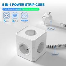 EU-Multi-Stecker-Steckdosenleiste, 5 AC-Steckdosen, 3 m geflochtenes Kabel mit Zuglasche, Flachstecker-Adapter, geeignet für Reisen im Home-Office