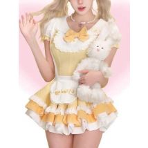 Summer Japanese Lolita Kawaii New Two Piece Set Sweet Princess Chic Slim Fit Yellow Patchwork Design Lady Sets Female Clothing