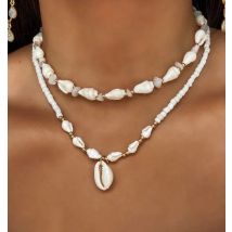 Halskette aus weißen Rocailles aus Glas mit perlenbesetzten Muscheln