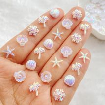 50Pcs Cute Mini AB colored starfish, shells, snowflakes, coconut trees Nail Art Resin Designer Charms DIY 3D Decorations Jewelry