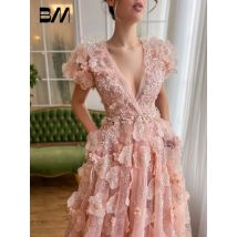Rose rosa Spitze 3d Blumen V-Ausschnitt Ballkleid Perlen Abendkleider Cocktail A-Linie formelle Ereignisse maßge schneiderte Frauen Party kleid