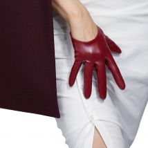 DooWay Women's Burgundy Latex Gloves Extra Short Half Palm 5-inch Faux Lambskin PU Dark Red Party Cosplay Evening Dressing Glove
