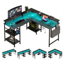 COSYHOMES - Tavolo per computer a L a 2 livelli con presa EU e illuminazione RGB, 140x140x85 cm