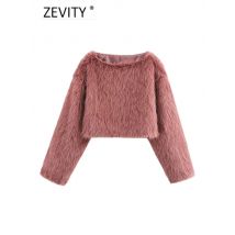 ZEVITY Frauen Mode 4 Farben O Hals Langarm Casual Pelz Pullover Jacke Weibliche Oberbekleidung Chic Herbst Winter Mantel Tops CT7356
