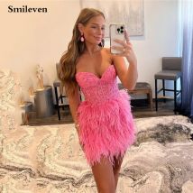 Smile ven Hot Pink Feder Ballkleider Korsett kurze Heimkehr Kleid Spitze über knielangen Korsett Abschluss ball Party Kleider 2023