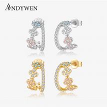 ANDYWEN Kleeblatt-Ohrmanschette aus 925er Silber, mehrfarbig, CZ mit Blau, Rosa, Lila, süße Schmuck-Geschenkbox für Frauen, vielseitige Alltagskleidung