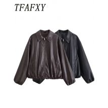 TFAFXY 2025, Herbst Winter Vintage Casual Chic Frauen Jacke Solide drehen-unten Kragen Zipper Langarm Mäntel Mode mäntel