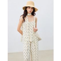 Ziqiao Frauen Sommer Weste + Hose Sets Urlaub Stil Polka Dot Leibchen Tops Elastische Taille Beiläufige Lange Hosen 25ZQ92023 + 25ZQ92024