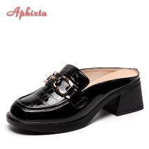 Aphixta 2025 Sommer Halbe Hausschuhe 5 cm Quadratische Absätze Flip-Flops Frauen Mode Schnalle Slides Schlange Drucke Sandalen Coole Schuhe