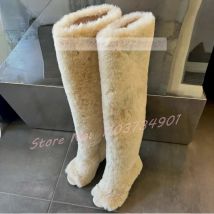 Open Toe Over The Knee Boots Women Big Size Fashion Slip-On Fluffy Fur Warm Comfortable High Heels Shoes Lady Nifty Sexy Boots