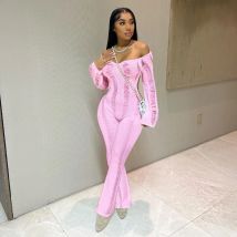 2024 herbst Frauen Solide Strick Overalls Sexy Backless Hohl Off Schulter Langarm Stretch Einteilige Overalls Casual Strampler