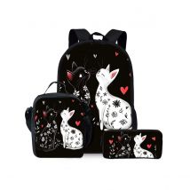 Schwarz-weißes Katzenmuster Dreiteiliges Set Rucksäcke für Jungen und Mädchen Beste Geschenke 2D Flacher Cartoon-Schulranzen für Kinder