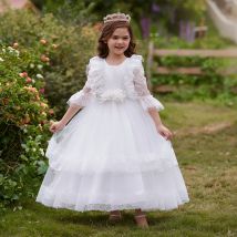 Lange weiße Brautjungfer kleider für Mädchen Kinder Kostüm Spitze Ärmel Prinzessin Party kleid Blumen mädchen Hochzeits abend Vestidos