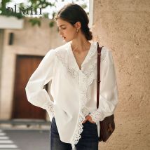 OLrain Camicia bianca in puro cotone Donna 2025 Primavera Autunno Collo arricciato Ricamo Camicette pigre a maniche lunghe scavate M57CC95893