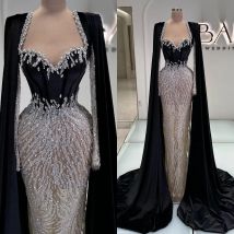 Abiti da sera moderni Paillettes Abito da ballo in cristallo con mantella Maniche lunghe Abiti da festa a sirena personalizzati Abiti da sera