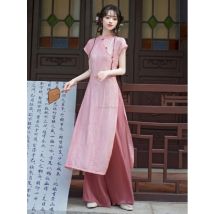 2025 neue chinesische stil verbesserte retro kurzarm stehkragen cheongsam kleid lose lange hosen zwei stück qipao-sets frauen b192