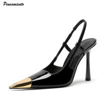 Neue Patchwork Gold Schwarz Sandalen Metall Karree Stiletto High Heels Slingback Sexy Frühling Sommer Frauen Pumpen 2024 Neue Trend