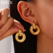 EILIECK 316L Stainless Steel Gold Color Round Stud Dangle Earrings For Women Fashion Waterproof Ear Jewelry Gift Bijoux Серьги